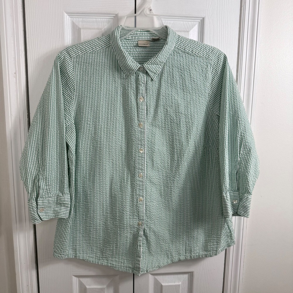 L.L. Bean Seersucker Button Down Shirt 1X Green White Stripe Coastal Preppy